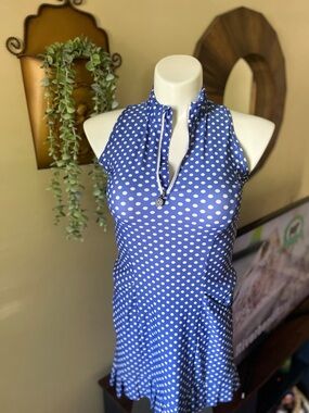 Tzu Tzu Royal Blue Polka Dot Sleeveless Zip Tennis Dress